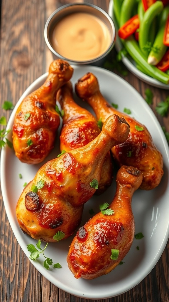Crispy baked chicken drumsticks on a plate, garnished with herbs, served with dipping sauce and vegetables.